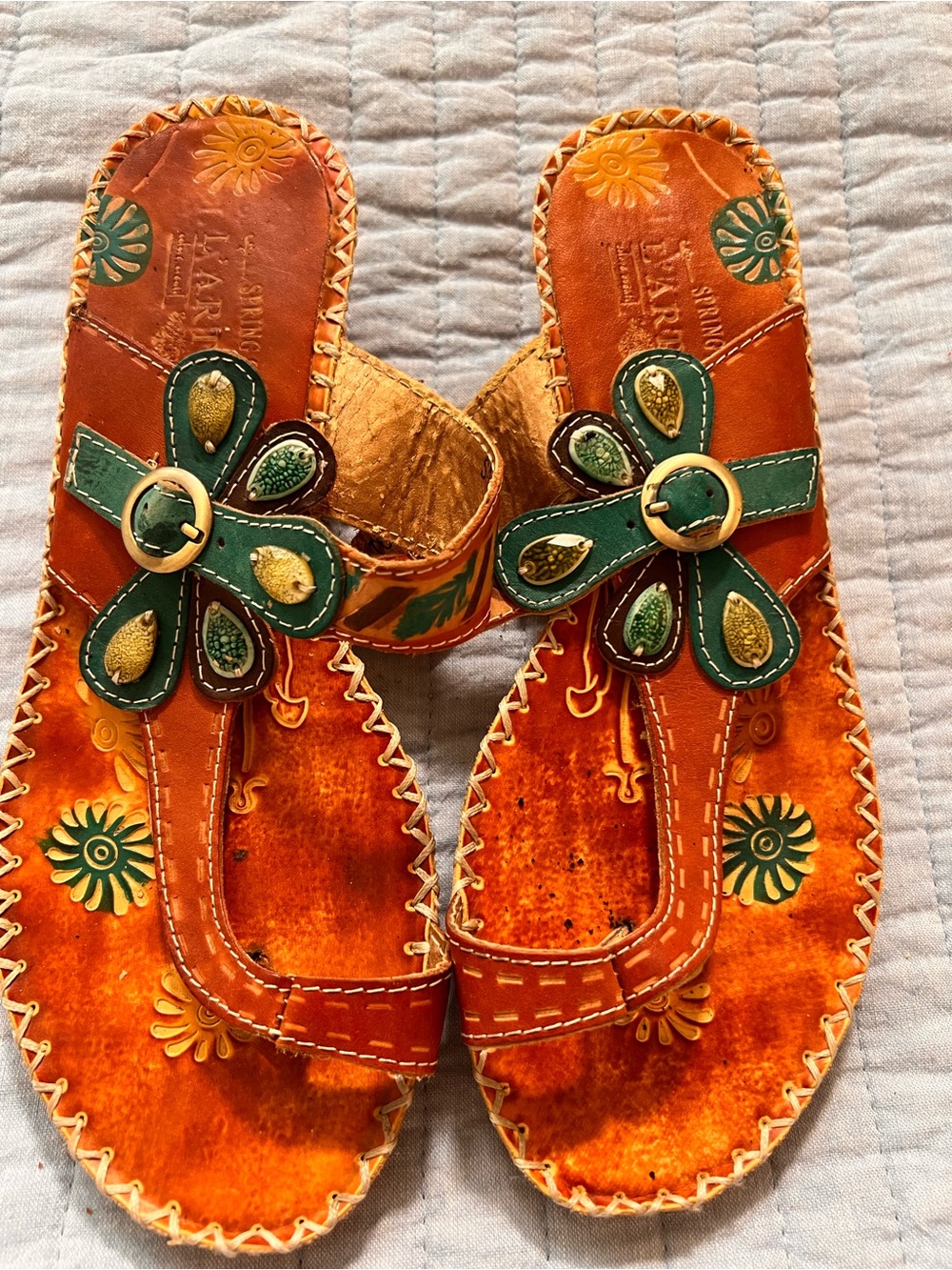 Artisan Orange Leather Sandals with Green Floral Accent